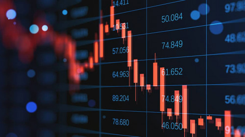 Abstract falling candlestick forex chart on blurry dark index grid background. Finance and crisis concept. 3D Rendering.