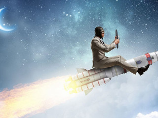 Aviator riding rocket. Mixed media