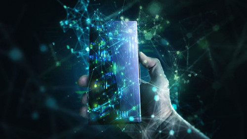 Smartphone in surrealer technischer Umgebung