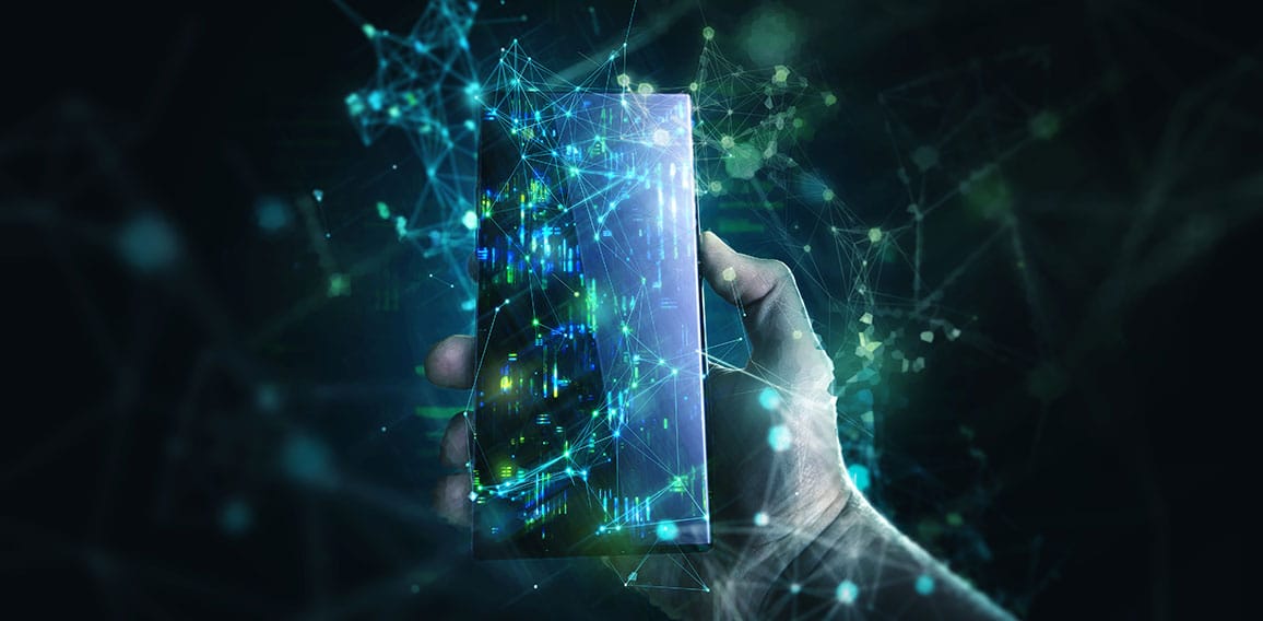 Smartphone in surrealer technischer Umgebung