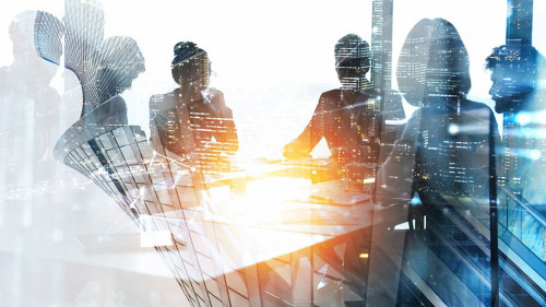 Background concept with business people silhouette at work. Double exposure and light effects