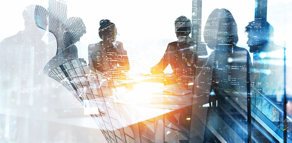Background concept with business people silhouette at work. Double exposure and light effects