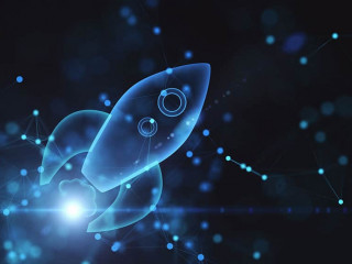 Startup and business goal concept with digital rocket illustration flying in space. 3D rendering