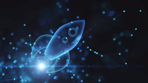 Startup and business goal concept with digital rocket illustration flying in space. 3D rendering