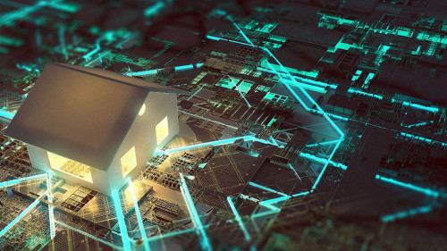 Smart home: Stylized House with connections on a mainboard (3D-R