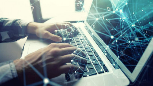 Businessman works in office with a laptop with internet effects. Concept of internet sharing and company startup