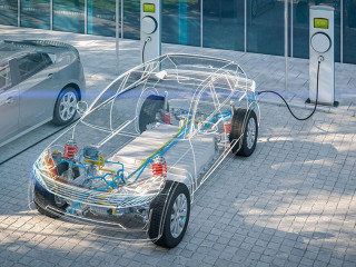 generic electric car x-ray with battery charging at public charg