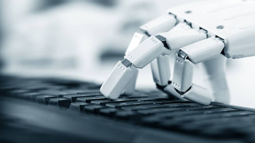 Roboter Hand an einer Tastatur, Prothese, Bionic und Robotik der