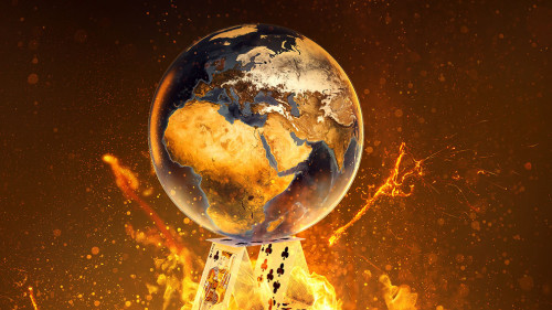 Erde liegt auf brennendem Kartenhaus