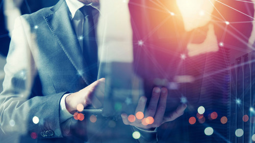 Businessmen that works with his laptop. Concept startup company. double exposure