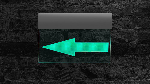 Luminous sign with bright green arrow to left against black, dar