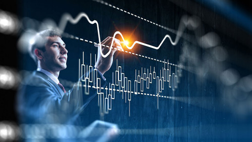 Business graph and trade monitor . Mixed media