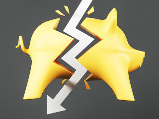 Crisis concept with white arrow hitting yellow piggy bank at dark background.