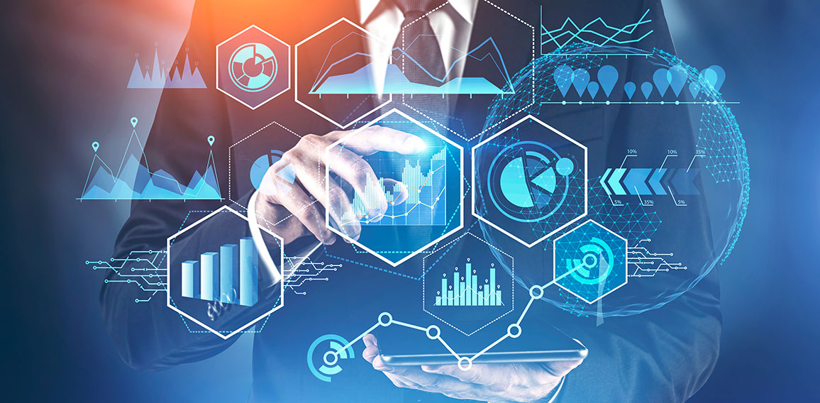 Man working with tablet and digital graphs