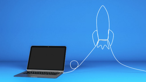 Blank laptop with rocket