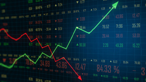 Trading concept with business chart screen with green growing arrow and red falling arrow