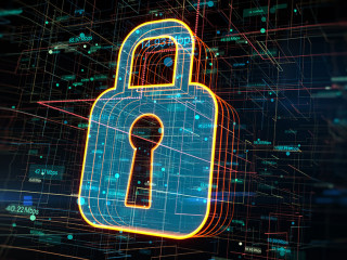 Cyber security information and network protection concept with bright glowing digital lock with keyhole inside on abstract technological background. 3D rendering