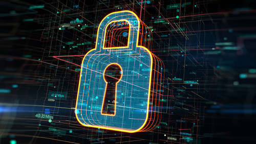 Cyber security information and network protection concept with bright glowing digital lock with keyhole inside on abstract technological background. 3D rendering