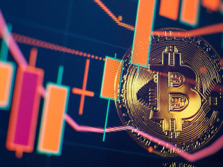 Bitcoin price crash in front of a red abstract virtual backgroun