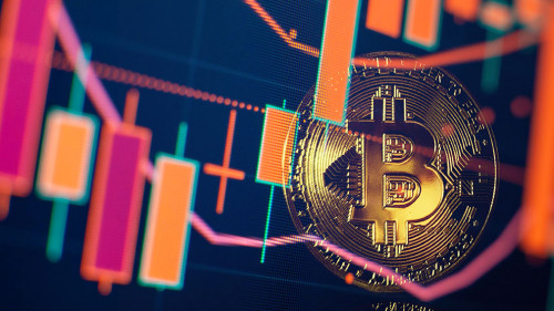 Bitcoin price crash in front of a red abstract virtual backgroun