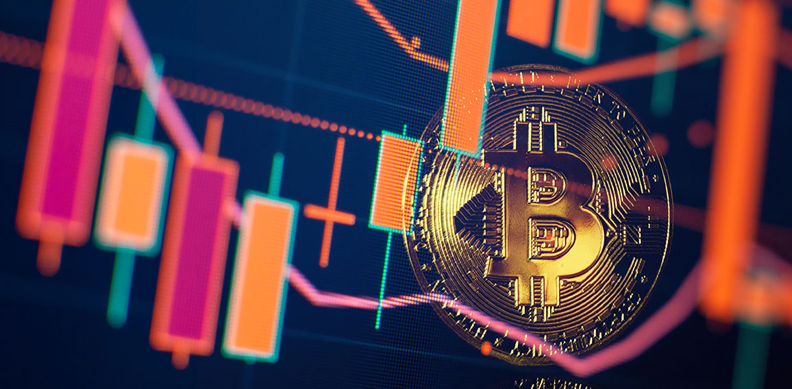 Bitcoin price crash in front of a red abstract virtual backgroun