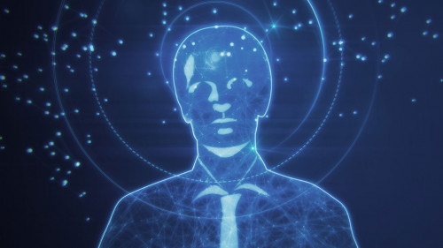 Abstract polygonal businessman on blue backdrop. Low poly, technology, ai, future and digital transformation concept. 3D Rendering.