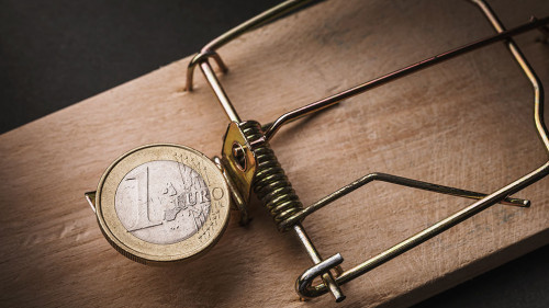 One euro in a mousetrap. Financial trap concept