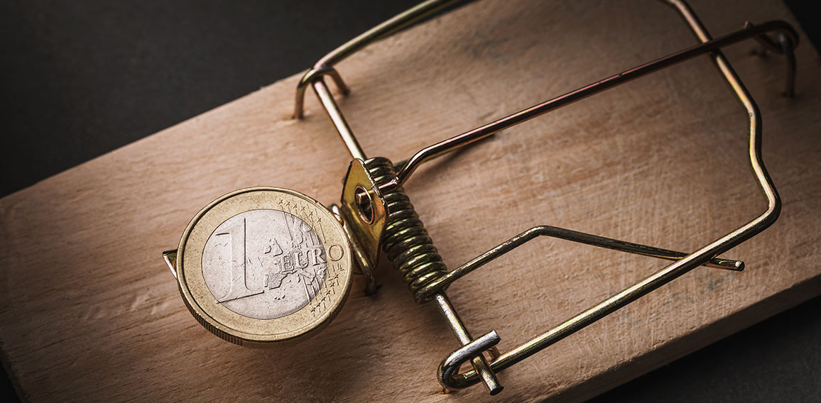 One euro in a mousetrap. Financial trap concept