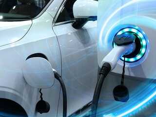 EV Car or Electric vehicle at charging station with the power cable supply plugged in on blurred nature with blue energy power effect. Eco-friendly sustainable energy concept.