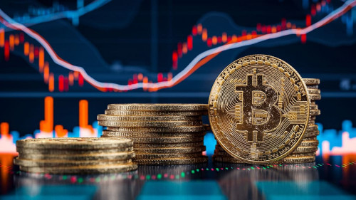 3d Illustration oder rendering von Bitcoin Stapel vor Diagrammen