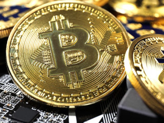 Golden bitcoins on computer circuit board, closeup