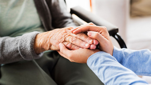 Unrecognizable health visitor and a senior woman during home vis