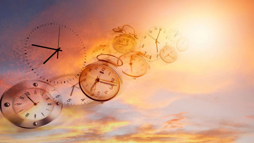 Clocks in sky. Time flies. Daylight saving