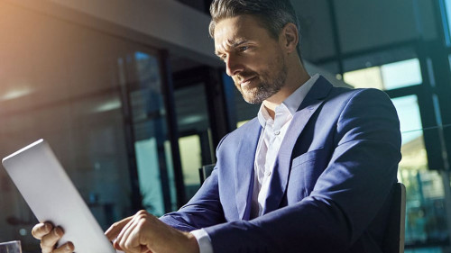 Business, tablet search and accounting ceo financial worker working with web finance analytics. Office, senior investment employee and boss planning digital strategy for fintech stock market company