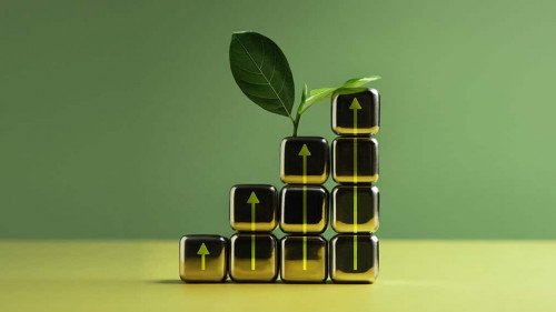 Carbon Nautral, ESG Concepts. Green Leaf with Up Arrow Block .Me