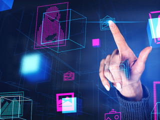 Woman finger touch NFT gallery hologram, cryptoart and metaverse