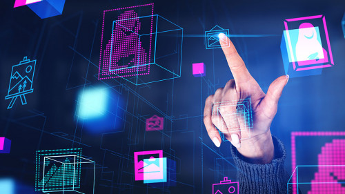 Woman finger touch NFT gallery hologram, cryptoart and metaverse
