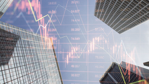 Real estate market crash and economy crisis concept with falling down digital financial chart candlestick and diagram with data indicators on city skyscraper tops bottom view, double exposure