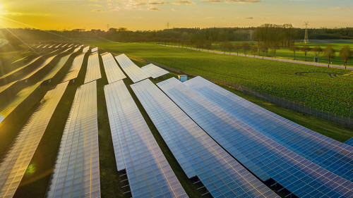Photovoltaic panels on open spaces. The solar park along highway