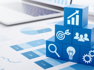 Business strategy for marketing and management. Stacked blue blo