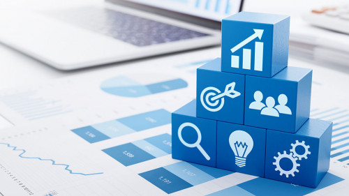 Business strategy for marketing and management. Stacked blue blo