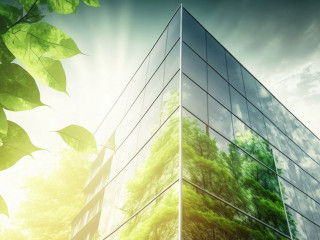 eco friendly construction in a contemporary metropolis. A sustainable glass building with green tree branches and leaves for lowering heat and carbon dioxide. Green workplace office building. Green li. Generative AI