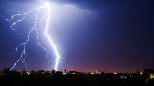 Lightning over small town