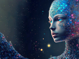 A humanoid cyber girl with a neural network think. Copy Space fo