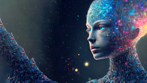 A humanoid cyber girl with a neural network think. Copy Space fo