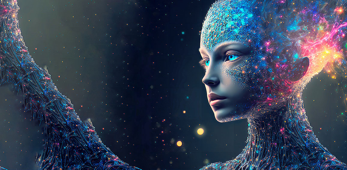 A humanoid cyber girl with a neural network think. Copy Space fo