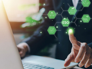 ESG, Environment Social Governance. Businessman with laptop (not