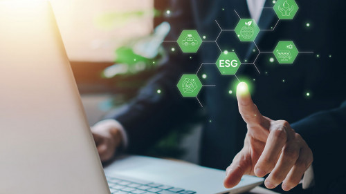 ESG, Environment Social Governance. Businessman with laptop (not