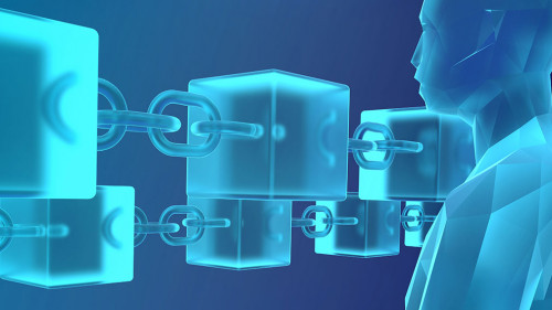 Blockchain Network Architektur mit Ketten und Würfel Betrachtun