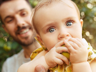 The happy young family during picking apples in a garden outdoors